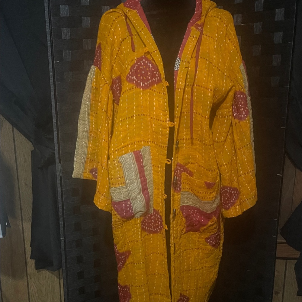 Yellow and Red Quilted Hooded Jacket